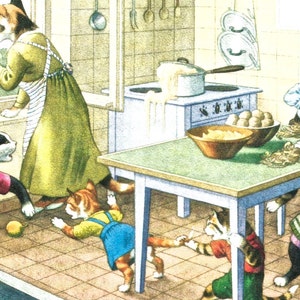 Carte postale humoristique vintage chat anthropomorphe maman et chaton image imprimable en téléchargement numérique clipart