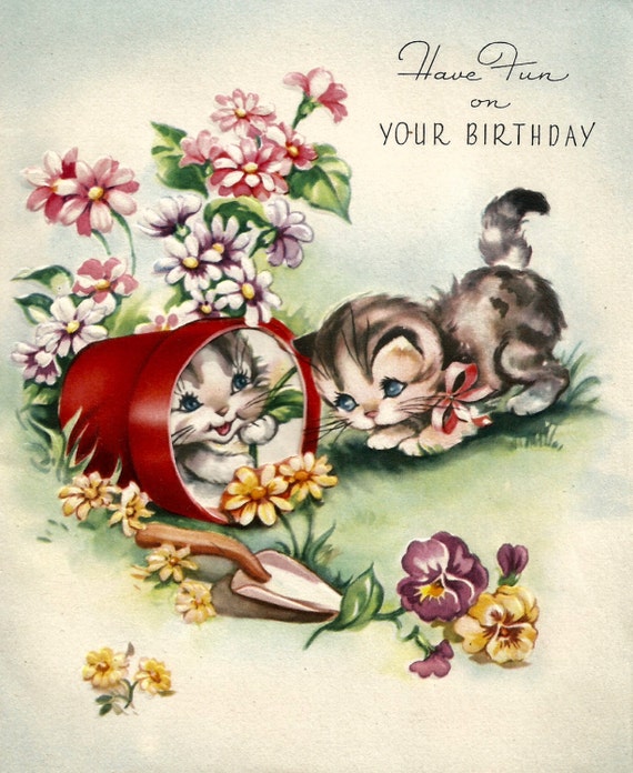 Retro Vintage Birthday Card Cute Kittens Cats Digital Download - Etsy