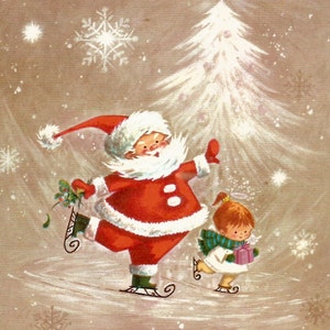 Vintage retro Christmas card Santa Claus little girl ice skating ice skaters digital download printable instant image clip art