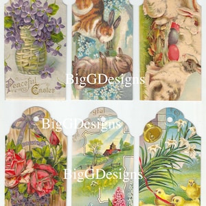 Cinque pagine di cartoline di Pasqua antiche etichette regalo coniglietto ragazza fiori pulcini download digitale stampabile immagine istantanea clip art diario spazzatura