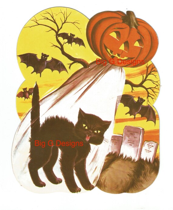 Vintage Halloween Die Cut: Black Cat, Jack O' Lantern (Digital