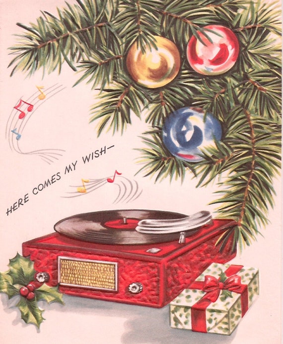 Vintage turntable vinyl record player Christmas tree card Etsy