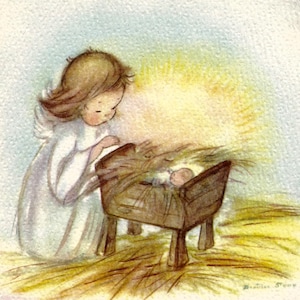 Cartolina di Natale vintage bambino Gesù presepe mangiatoia angelo download digitale stampabile immagine istantanea