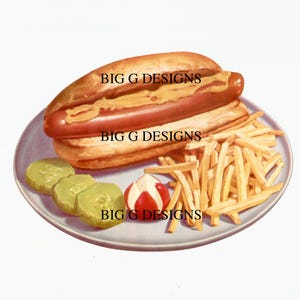 Fünfziger Mid-Century 1950s die cut Diner Restaurant Mittagessen Abendessen Essen Werbeschild Hot Dog Pommes digitaler Download druckbares Bild