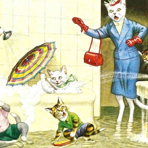 vintage humoristique chat anthropomorphe carte postale baignoire amusement téléchargement numérique image imprimable clipart