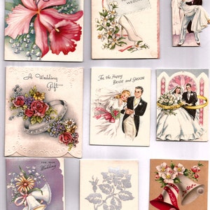 Nove biglietti regalo vintage con fiori e sposi, collage di download digitali, stampabili, clip art di immagini istantanee