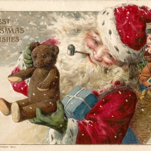 Antike 1914 Weihnachten Postkarte Weihnachtsmann Teddybär digitaler Download druckbares Bild ClipArt