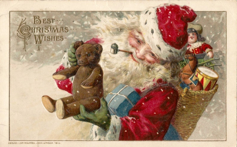 Antiche Immagini Di Babbo Natale.Antica Cartolina Di Natale 1914 Babbo Natale Orsacchiotto Etsy