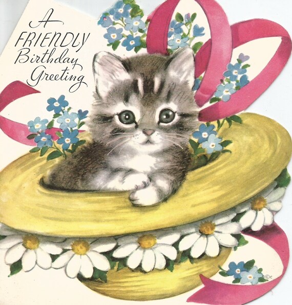 Vintage retro cat kitten straw hat birthday card digital | Etsy