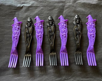 Lot of seven vintage black and purple plastic Halloween party forks witch Grim Reaper