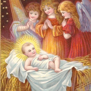 Vintage antique Christmas postcard angels baby Jesus Nativity digital download printable instant image
