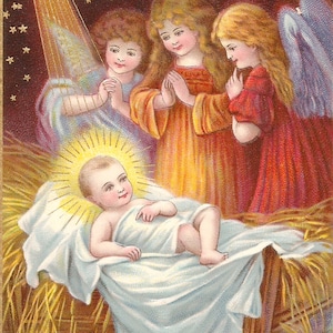 Postal navideña antigua vintage con ángeles, Niño Jesús, Natividad, descarga digital, imagen instantánea imprimible, clip art