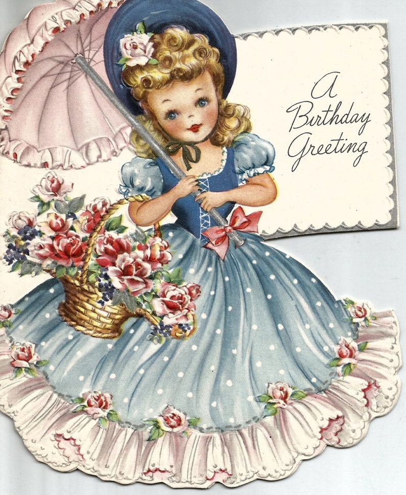 Vintage birthday greeting card little girl blue gown digital | Etsy