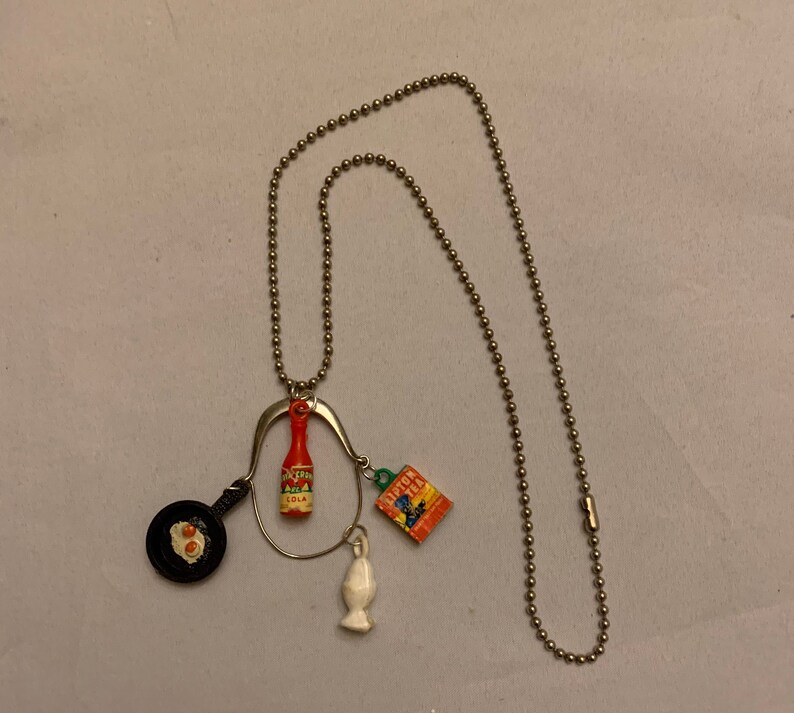 Vintage gum ball machine charm necklace pendant food groceries frying pan Royal Crown cola egg cup Lipton tea