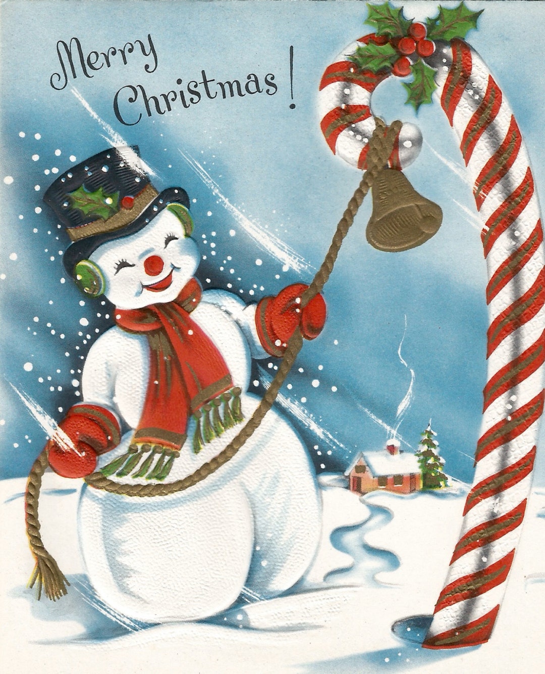 Vintage Christmas Card Snowman and Candy Cane Digital Download ...