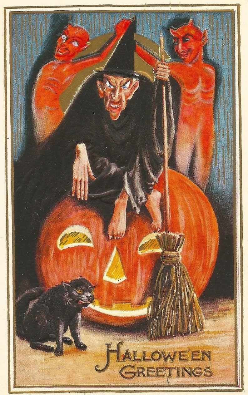 Antique Halloween Witch Devil Black Cat Postcard Digital Download ...