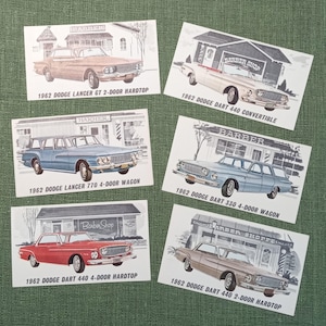 Six vintage car themed barber shop business cards Rochester NY 1962 Dodge Dart Lancer