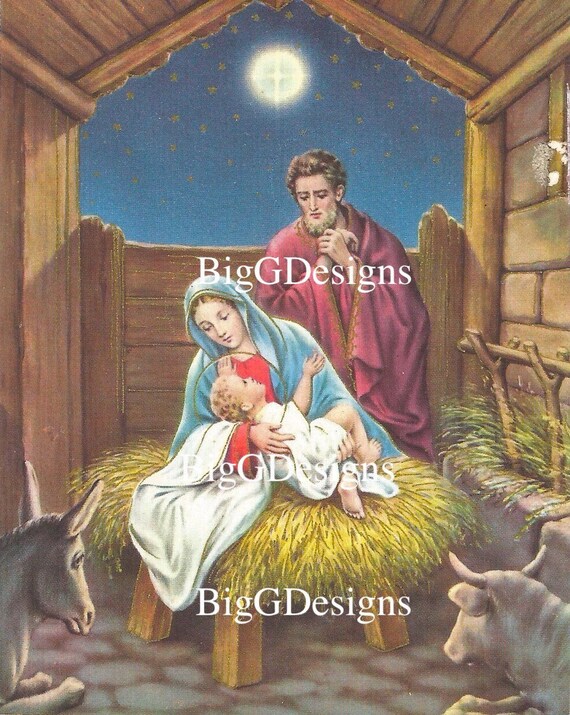 Vintage Christmas Card Nativity Illustration Mary Joseph Baby Etsy