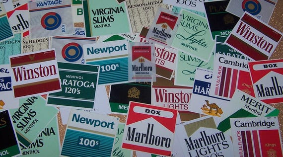 cigarette pack stickers Lot of 50 assorted plastic branding inserts labels cigarette advertising  vending machine Marlboro Winston junk journal smash book