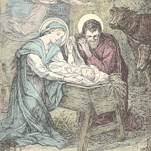 Illustrazione di libri per bambini d'epoca Arte Presepe della Natività Gesù Bambino Madonna Maria Santa Madre Giuseppe Immagine digitale scaricabile stampabile