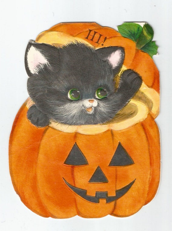 Vintage Halloween Card: Black Cat Kitten in Jack O' Lantern (Digital Download)