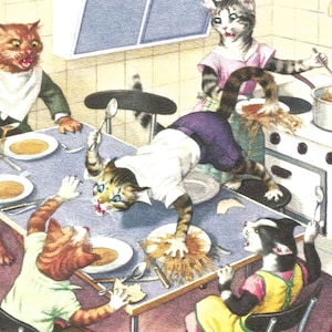 Cartolina d'epoca umoristica con gatto antropomorfo, cena di spaghetti, download digitale, immagine stampabile, clip art
