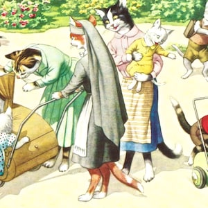 Vintage umoristico antropomorfo gatto cartolina carrozze download digitale stampabile immagine clip art