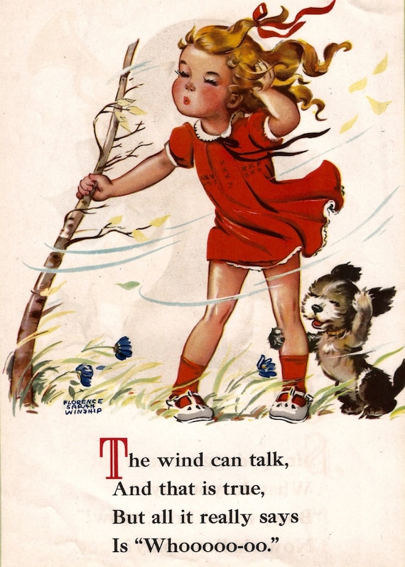 Vintage Children's Book Illustration Girl Puppy Windy Day Etsy
