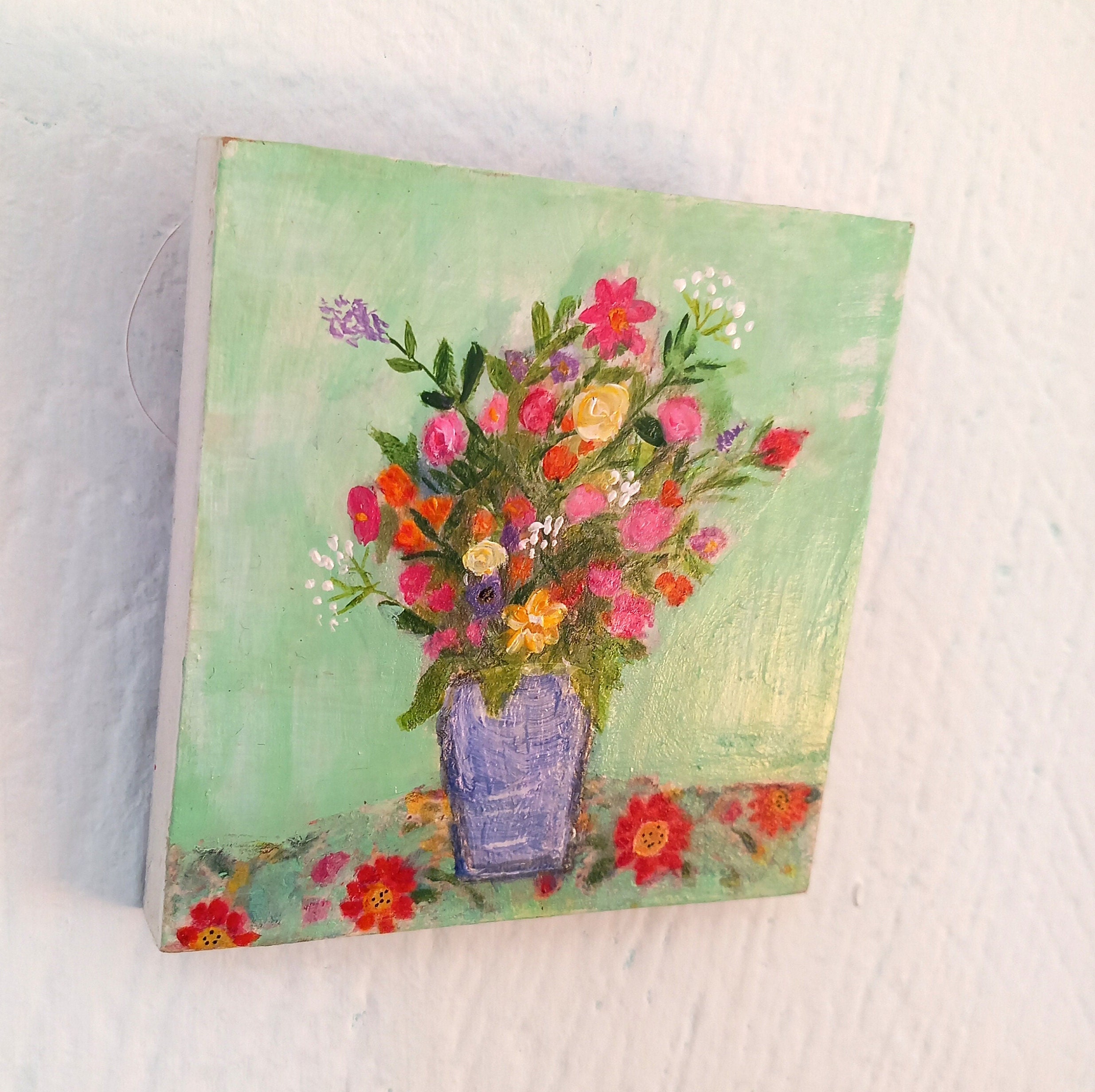 Flowers in a Vase, Mini Art, Collage Art, Bright Colorful Art, Bouquet