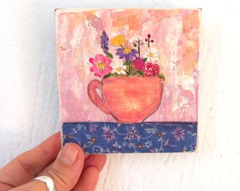 Flowers in a Tea Cup, Bouquet of Flowers Art, Original Floral Still Life Painting, Cottagecore Decor, Mini Original paintings