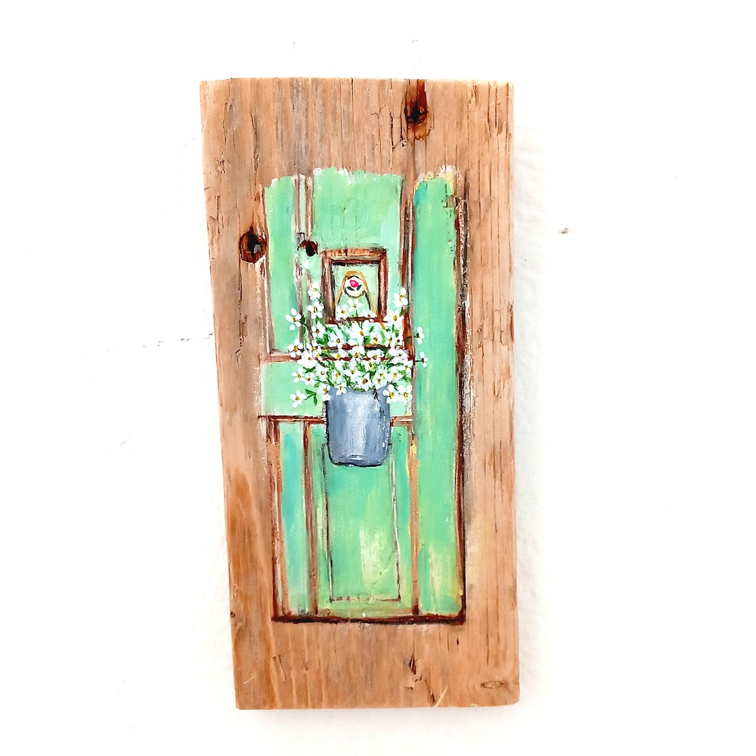Wooden Door Art, Old Green Door Painting, Cottage Door With Daisies