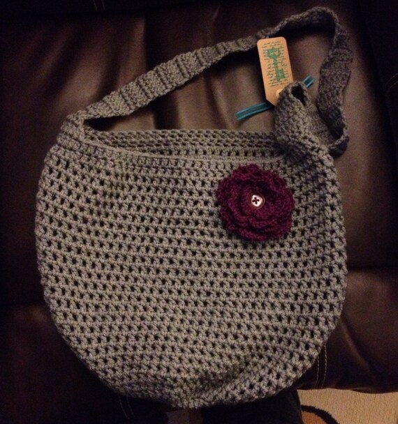 Items similar to Gray market bag with purple flower embellishment on Etsy