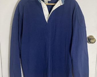 Vintage Steeplechase Men’s Rugby Shirt Size Medium Quilted Shoulders Cotton Blue