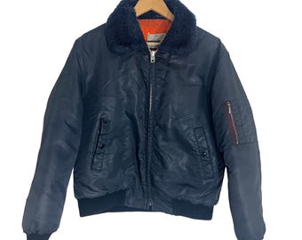 VINTAGE Sears Work Leisure Men's Navy Bomber Jacket Faux Fur Collar Aviator