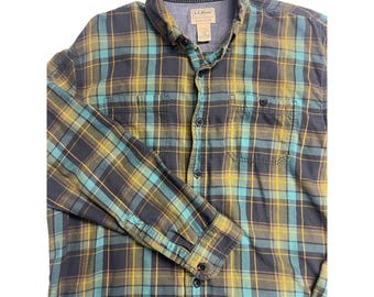 VTG LL Bean Chemise en flanelle légèrement ajustée pour homme bleu sarcelle à carreaux L-REG granola d'extérieur