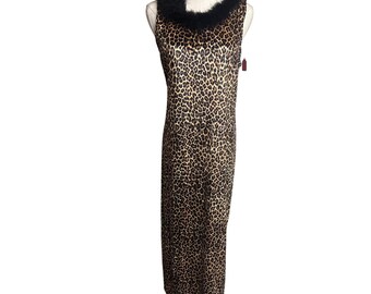 Robe longue vintage en velours à imprimé léopard avec bordure en plumes, grande fête vintage des années 90
