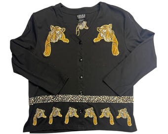 Pull cardigan noir à manches longues et imprimé tigre avec bordure léopard femme XL
