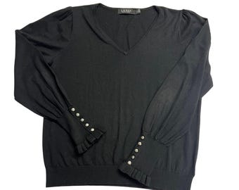 VTG Lauren Ralph Lauren - Pull noir à col en V et manches bouffantes aux poignets boutonnés L Old Money