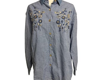 Chemise boutonnée bleue à broderies florales et perles Vichy pour femme L