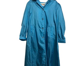 vintage Totes Coat Veste de pluie à capuche en nylon bleu sarcelle pour femme 14P Retro Longline