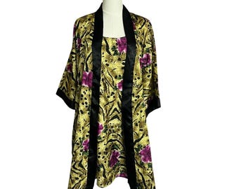 Vintage Vanity Fair Ensemble de chemise de nuit pour femme en satin fleuri doré à imprimé animal L