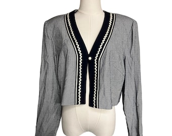 Veste courte vintage pied-de-poule ouverte sur le devant Rickrack Pearl des années 90 Dark Academia