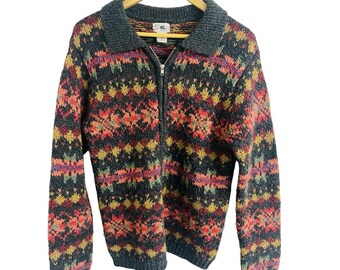Pull cardigan zippé en jacquard vintage gris anthracite multicolore Small Alpine