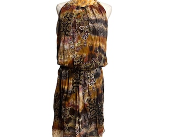 Mini-robe dos nu 100 % soie de l'an 2000 vintage taille 14 dos nu doublée bohème marrons