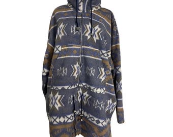 Veste zippée entièrement zippée en polaire géométrique sud-ouest vintage bleu marron 22 W confortable rustique