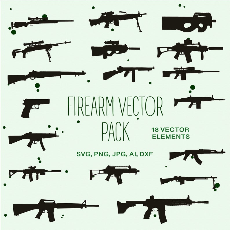 Firearm & Gun Clip Art Pack, DXF, SVG, PNG, Jpg, and Ai Files for