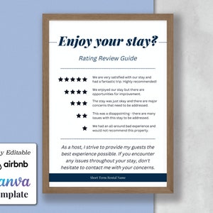Airbnb Property Review Rating Request Sign | Review Sign for Guests | Printable Canva Template, House Rules Poster, Wifi Info Sheet, VRBO