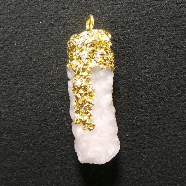 white Solar quartz pencel druzy Pendant with 24k Gold Electroplated Edge- Raw white solar quartz pencil druzy Charm Pendant Size-10X27 MM