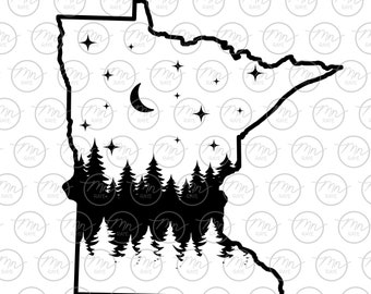 Minnesota State Night Scene svg, Nature svg, Outdoor svg, Nature silhouette, svg, png, MN, Minnesota, Star, Minnesota svg, dxf, treeline