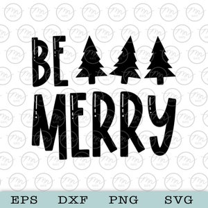 Op de afbeelding: Zwart-wit grafisch ontwerp met de tekst "Be Merry" en drie gestileerde kerstboom.